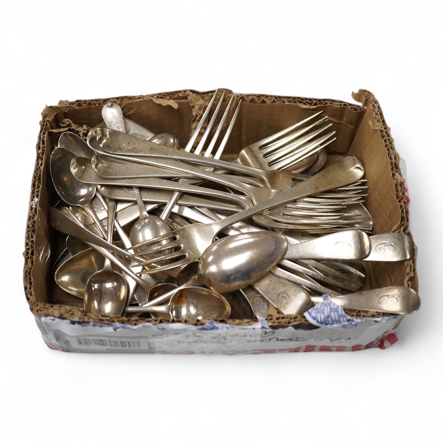 A matched part canteen of 19th century silver Old English and Hanoverian pattern flatware, various dates and makers, 55oz.